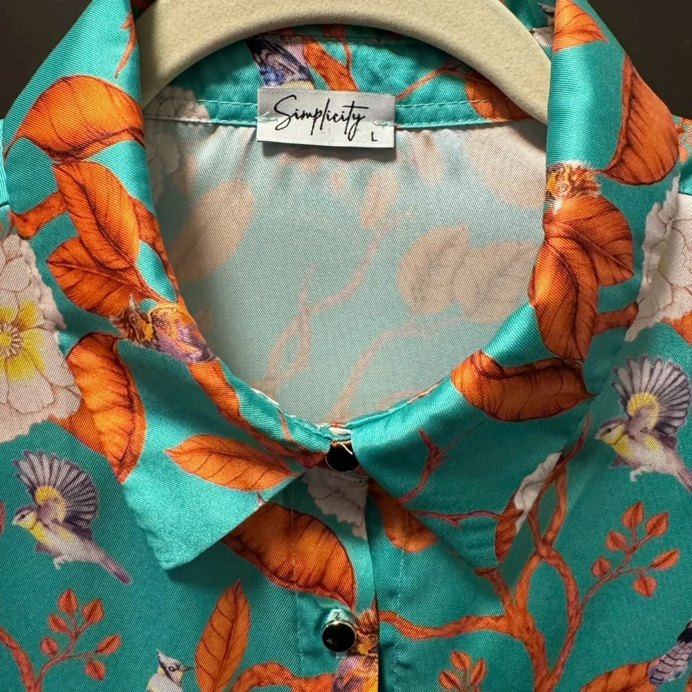 Oversized Floral Satin Button-Up Blouse – Teal Orange Print (New With Tag) - Picture 3 of 9